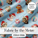 Cute Christmas Cats Teddy Blue Background Seamless Pattern Digital Print Fabric by the Metre UK Sewing Quilting Textile