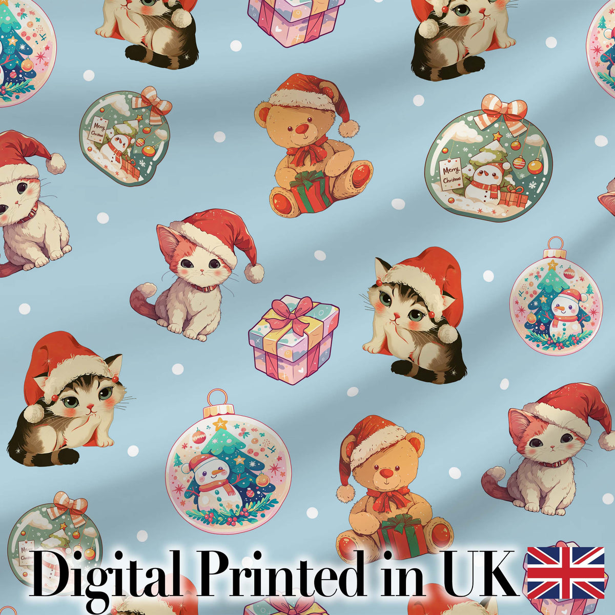 Cute Christmas Cats Teddy Blue Background Seamless Pattern Digital Print Fabric by the Metre UK Sewing Quilting Textile