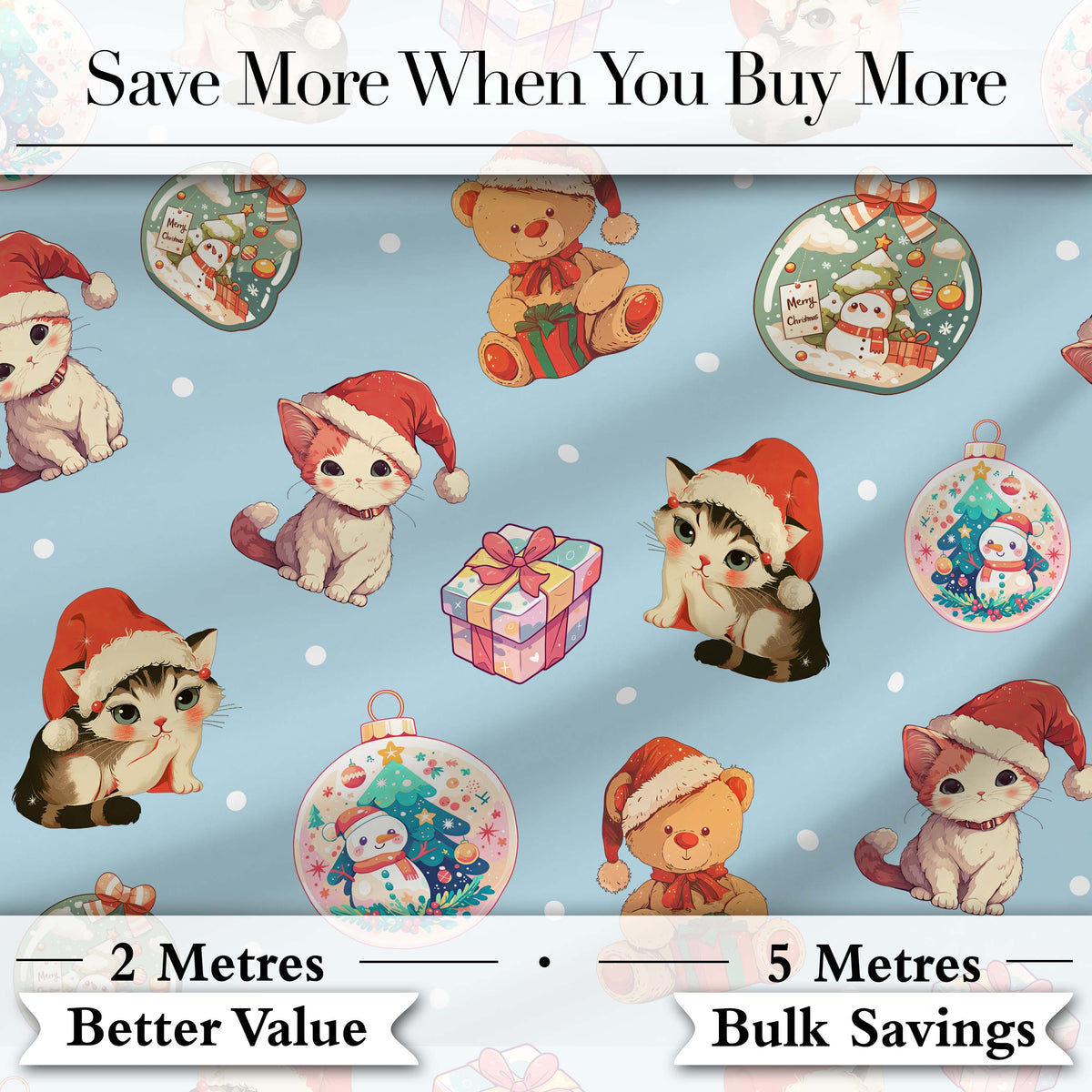 Cute Christmas Cats Teddy Blue Background Seamless Pattern Digital Print Fabric by the Metre UK Sewing Quilting Textile