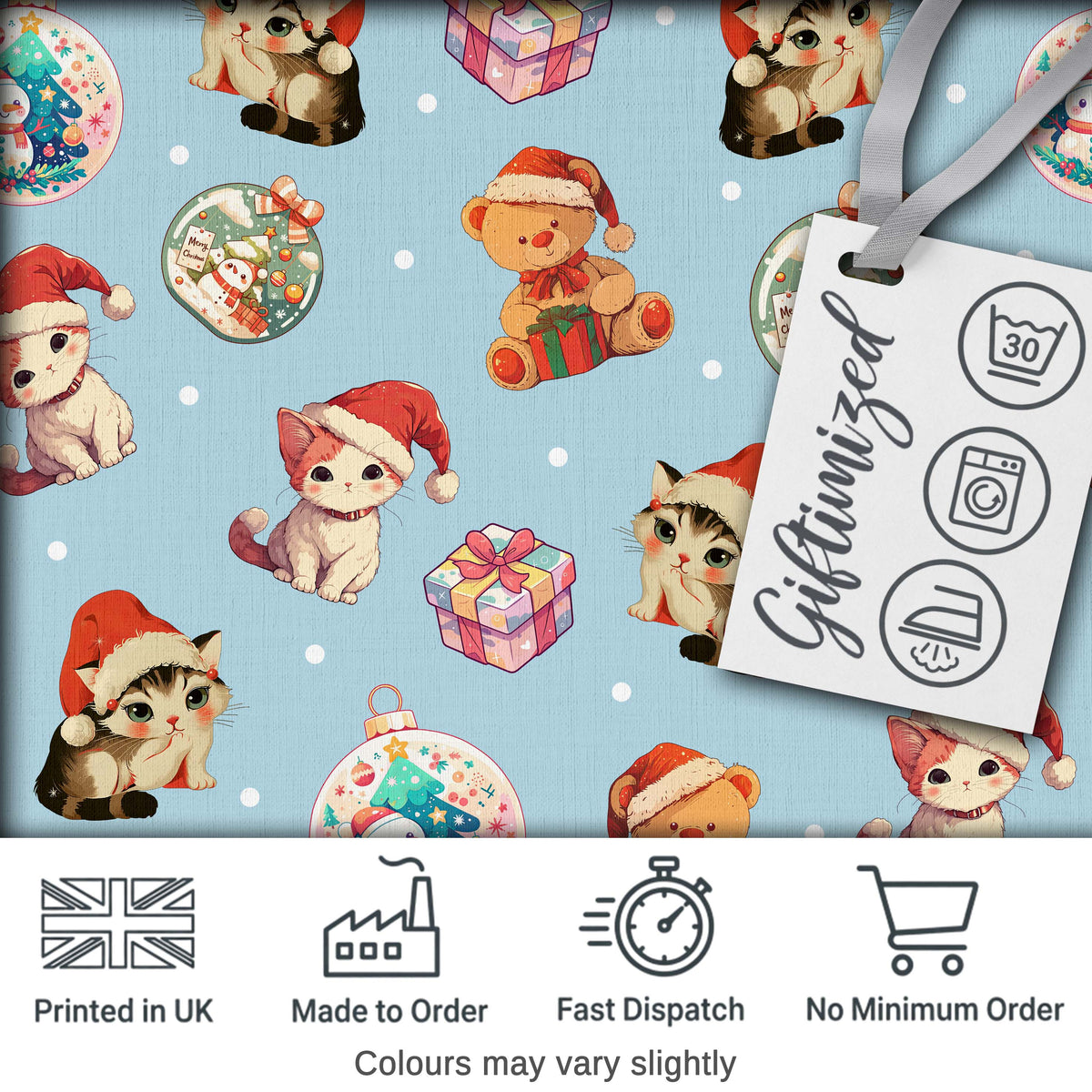 Cute Christmas Cats Teddy Blue Background Seamless Pattern Digital Print Fabric by the Metre UK Sewing Quilting Textile