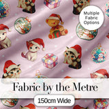 Cute Christmas Cats Teddy Pink Background Seamless Pattern Digital Print Fabric by the Metre UK Sewing Quilting Textile