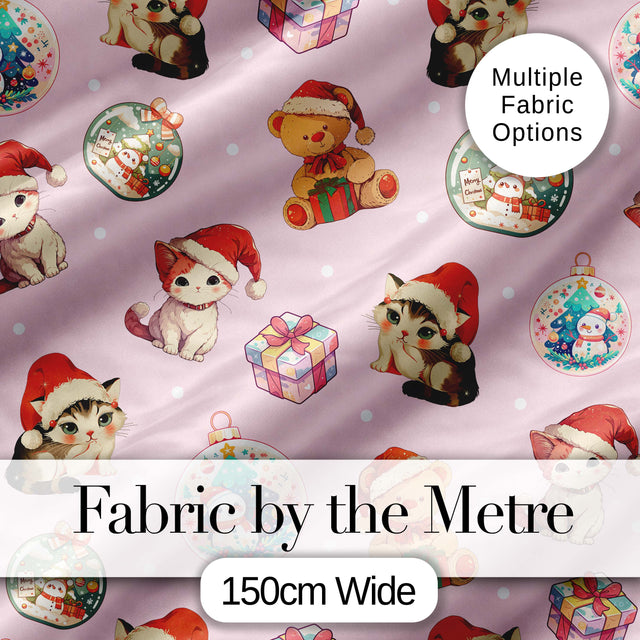Cute Christmas Cats Teddy Pink Background Seamless Pattern Digital Print Fabric by the Metre UK Sewing Quilting Textile