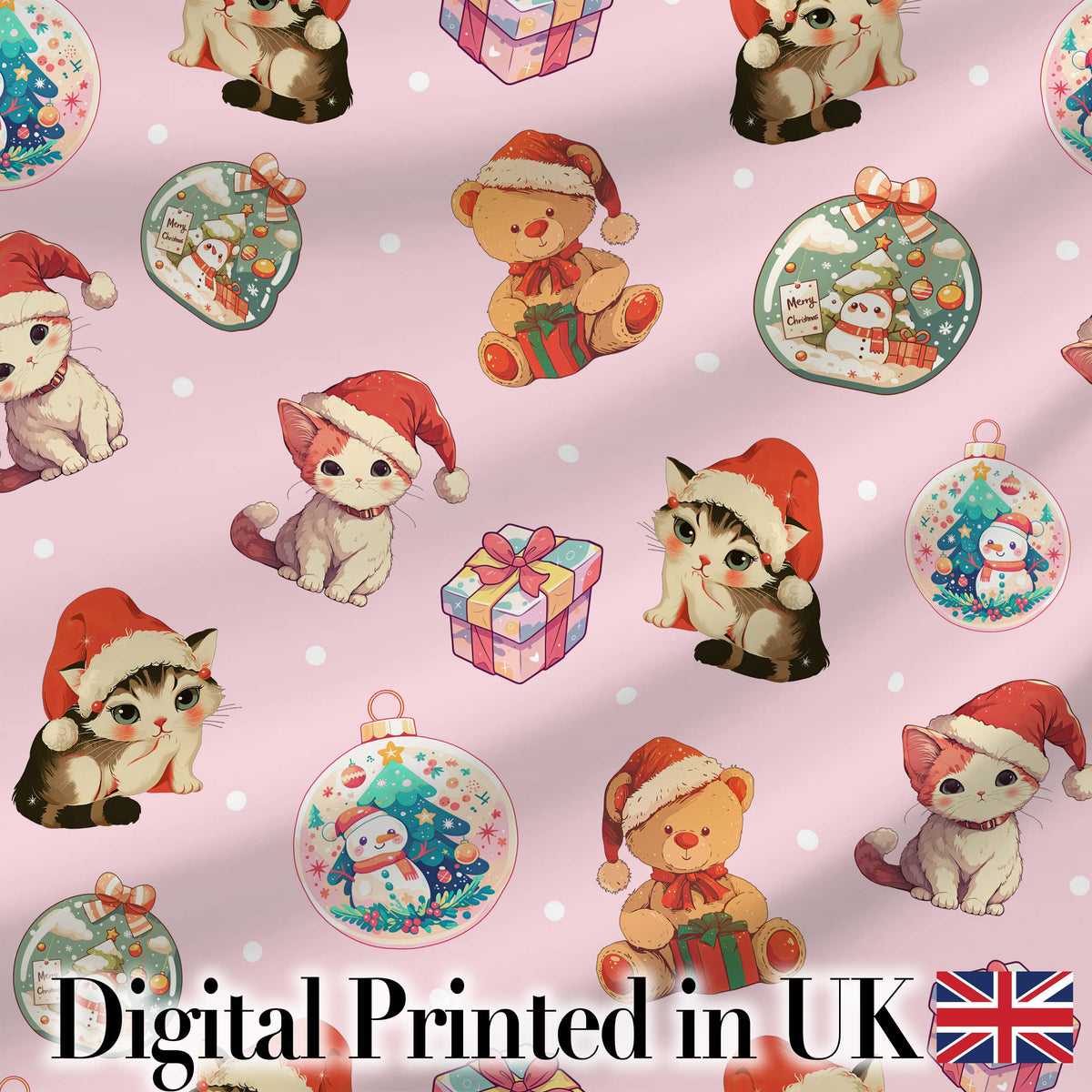 Cute Christmas Cats Teddy Pink Background Seamless Pattern Digital Print Fabric by the Metre UK Sewing Quilting Textile