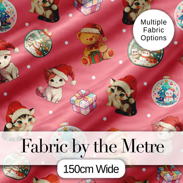 Cute Christmas Cats Teddy Red Background Seamless Pattern Digital Print Fabric by the Metre UK Sewing Quilting Textile