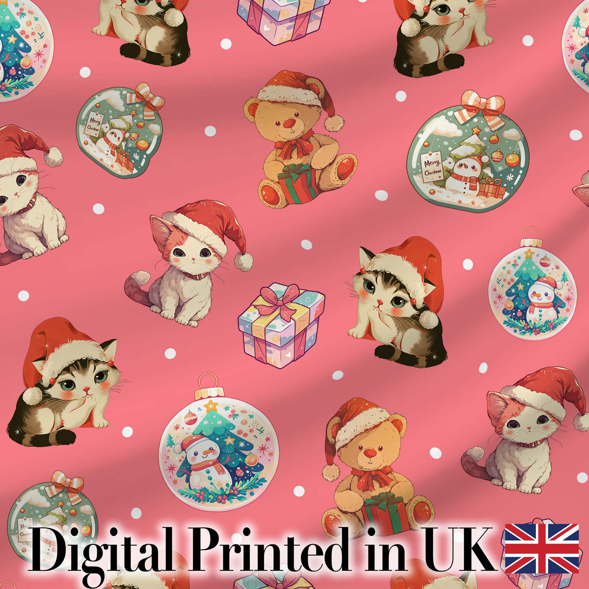 Cute Christmas Cats Teddy Red Background Seamless Pattern Digital Print Fabric by the Metre UK Sewing Quilting Textile
