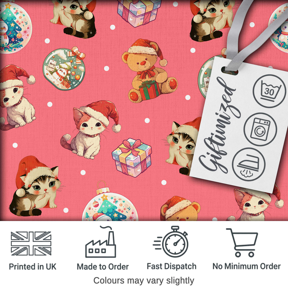 Cute Christmas Cats Teddy Red Background Seamless Pattern Digital Print Fabric by the Metre UK Sewing Quilting Textile