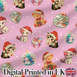 Cute Christmas Cats Teddy Soft Pink Seamless Pattern Digital Print Fabric by the Metre UK Sewing Quilting Textile