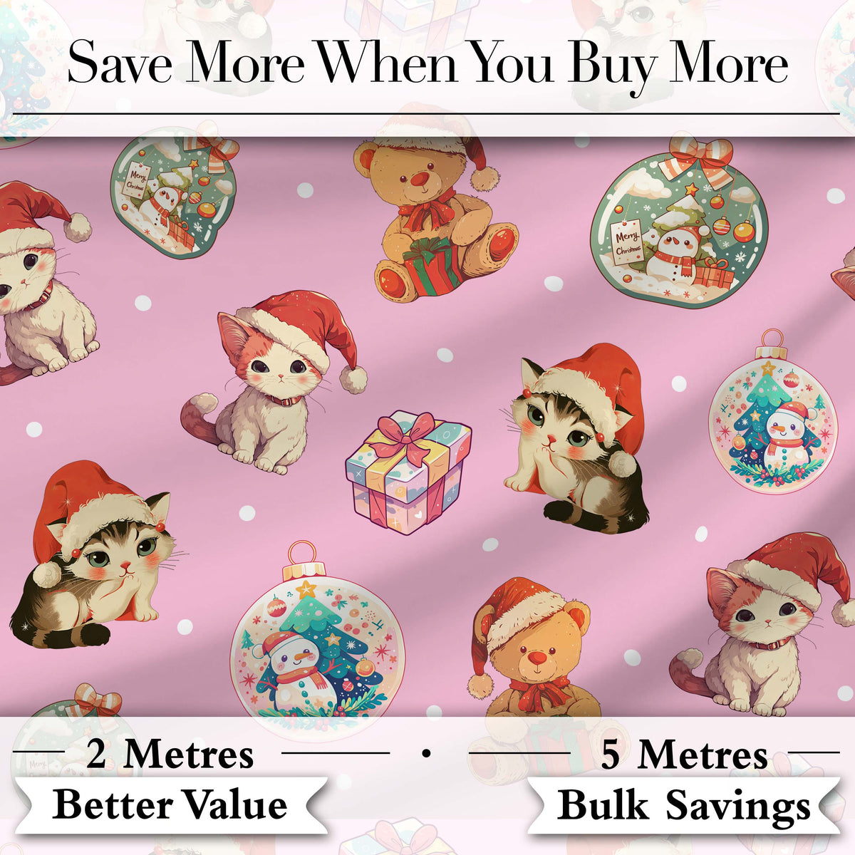 Cute Christmas Cats Teddy Soft Pink Seamless Pattern Digital Print Fabric by the Metre UK Sewing Quilting Textile