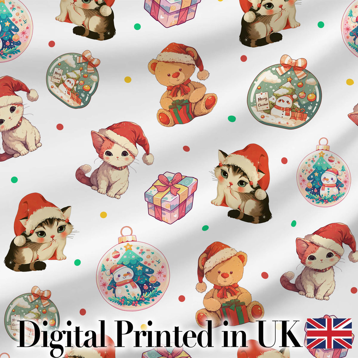 Cute Christmas Cats Teddy Grey Background Seamless Pattern Digital Print Fabric by the Metre UK Sewing Quilting Textile