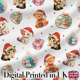 Cute Christmas Cats Teddy Grey Background Seamless Pattern Digital Print Fabric by the Metre UK Sewing Quilting Textile