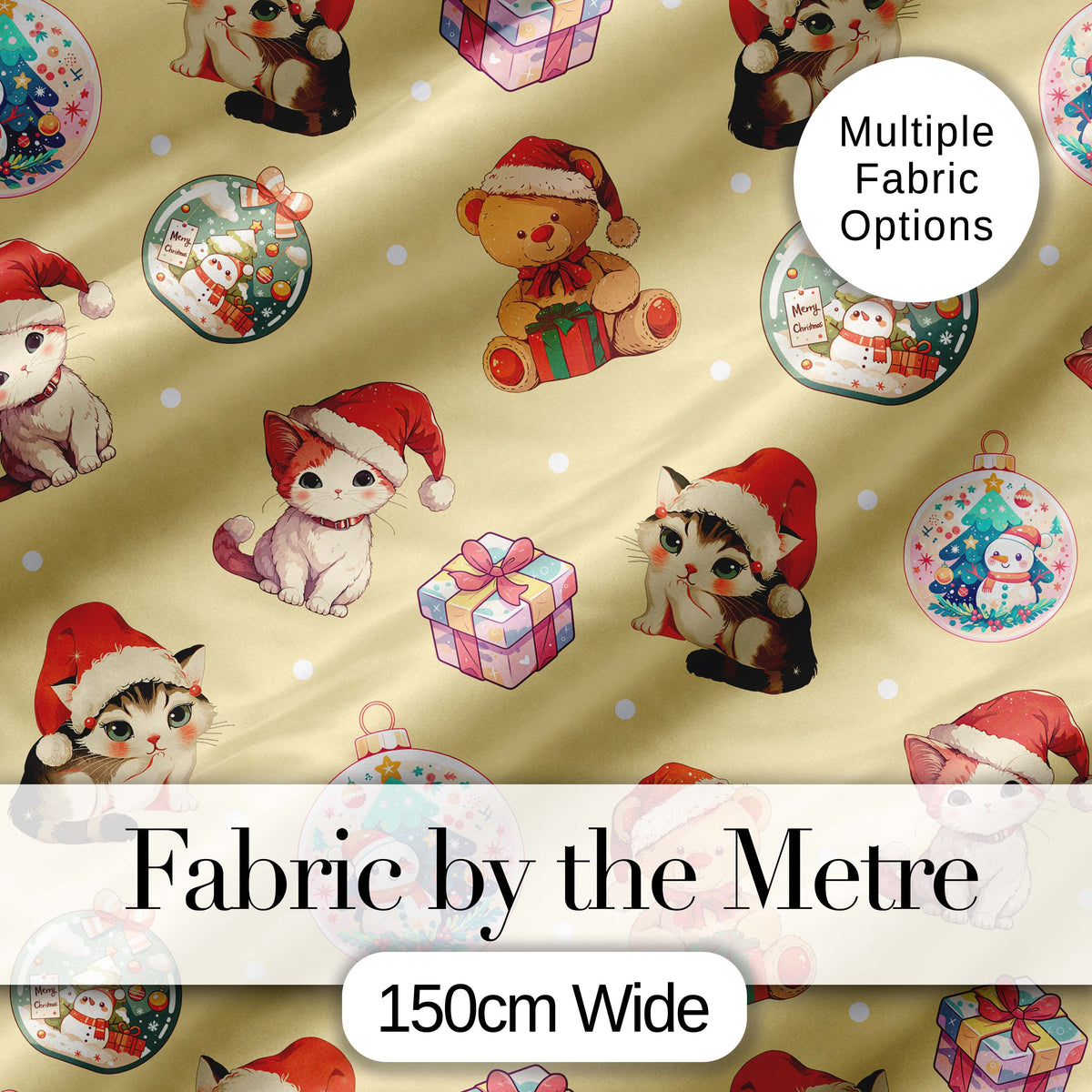 Cute Christmas Cats Teddy Yellow Background Seamless Pattern Digital Print Fabric by the Metre UK Sewing Quilting Textile