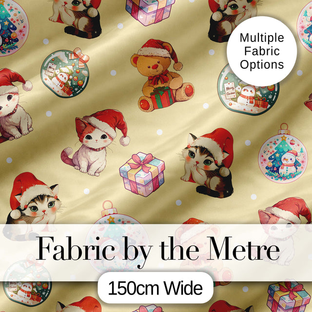 Cute Christmas Cats Teddy Yellow Background Seamless Pattern Digital Print Fabric by the Metre UK Sewing Quilting Textile