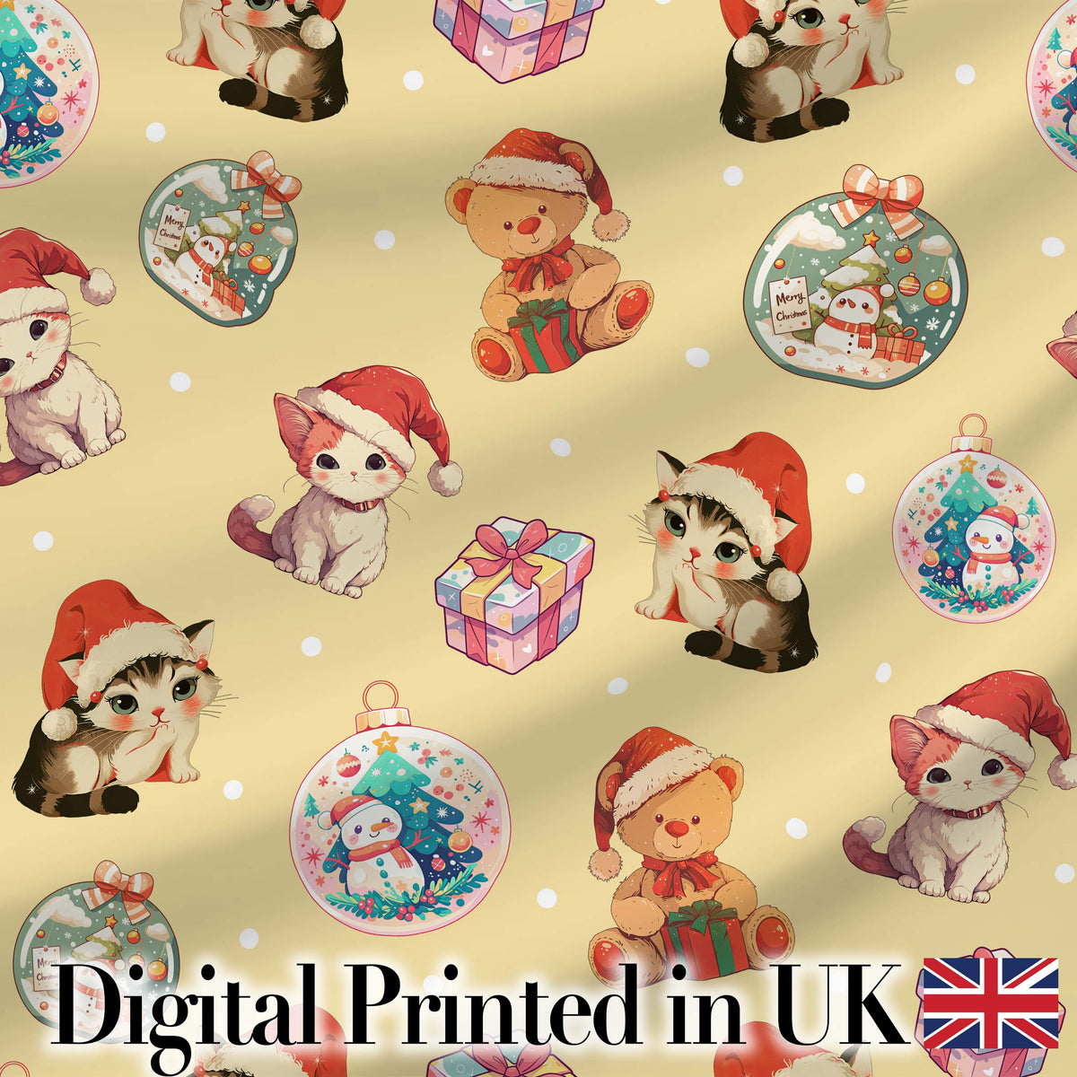 Cute Christmas Cats Teddy Yellow Background Seamless Pattern Digital Print Fabric by the Metre UK Sewing Quilting Textile