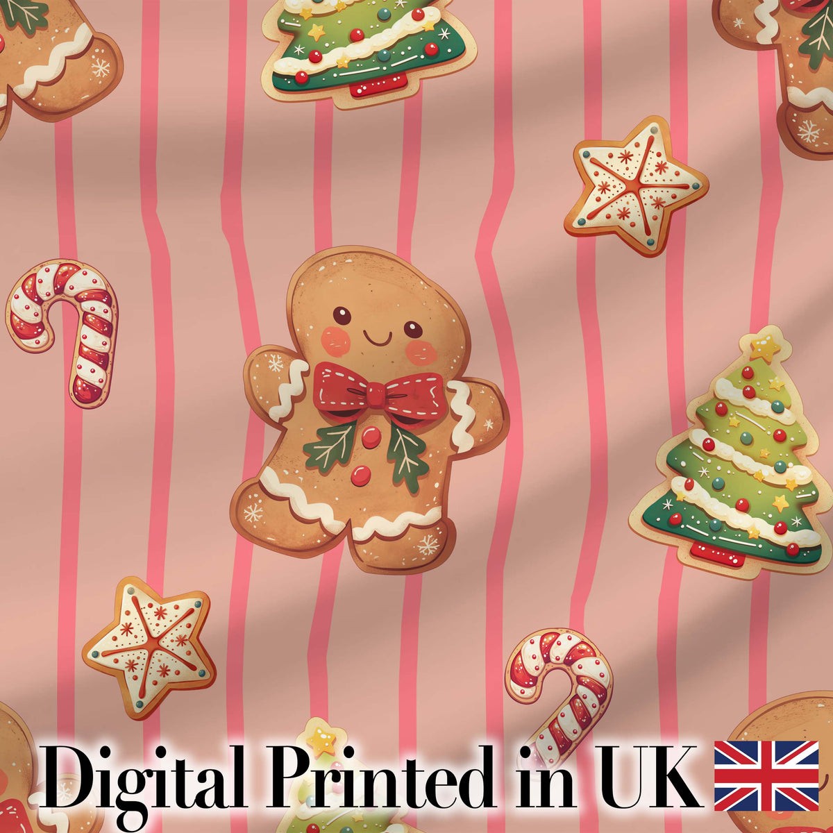 Cute Gingerbread Christmas Cookies Seamless Pattern Digital Print Fabric by the Metre UK Sewing Quilting Textile