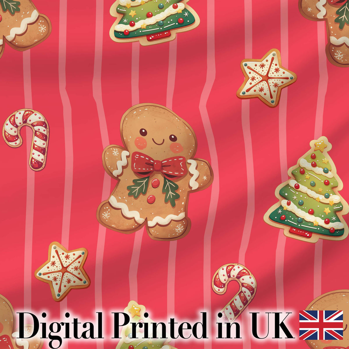 Cute Christmas Gingerbread Cookies Red Background Seamless Pattern Digital Print Fabric by the Metre UK Sewing Quilting Textile