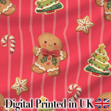 Cute Christmas Gingerbread Cookies Red Background Seamless Pattern Digital Print Fabric by the Metre UK Sewing Quilting Textile