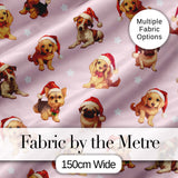 Cute Christmas Dogs Santa Hat Pink Background Seamless Pattern Digital Print Fabric by the Metre UK Sewing Quilting Textile