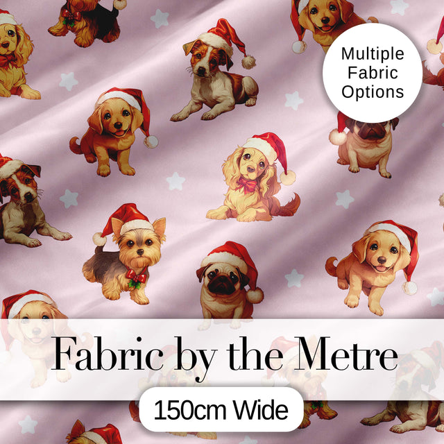 Cute Christmas Dogs Santa Hat Pink Background Seamless Pattern Digital Print Fabric by the Metre UK Sewing Quilting Textile