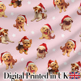 Cute Christmas Dogs Santa Hat Pink Background Seamless Pattern Digital Print Fabric by the Metre UK Sewing Quilting Textile