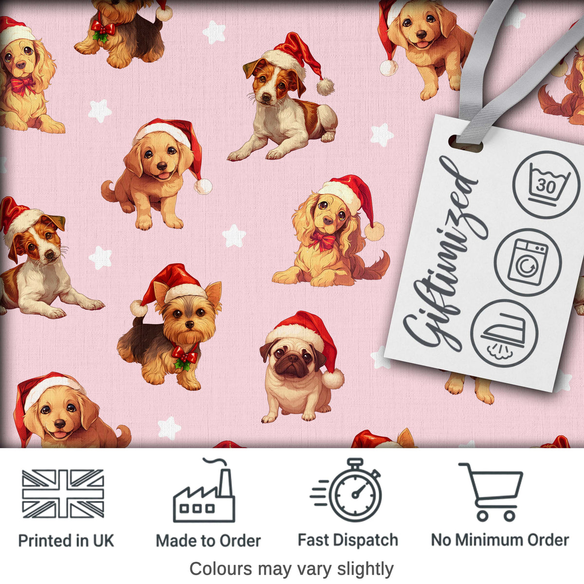 Cute Christmas Dogs Santa Hat Pink Background Seamless Pattern Digital Print Fabric by the Metre UK Sewing Quilting Textile