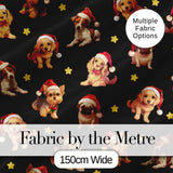 Cute Christmas Dogs Santa Hat Black Background Seamless Pattern Digital Print Fabric by the Metre UK Sewing Quilting Textile