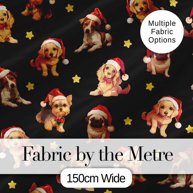 Cute Christmas Dogs Santa Hat Black Background Seamless Pattern Digital Print Fabric by the Metre UK Sewing Quilting Textile