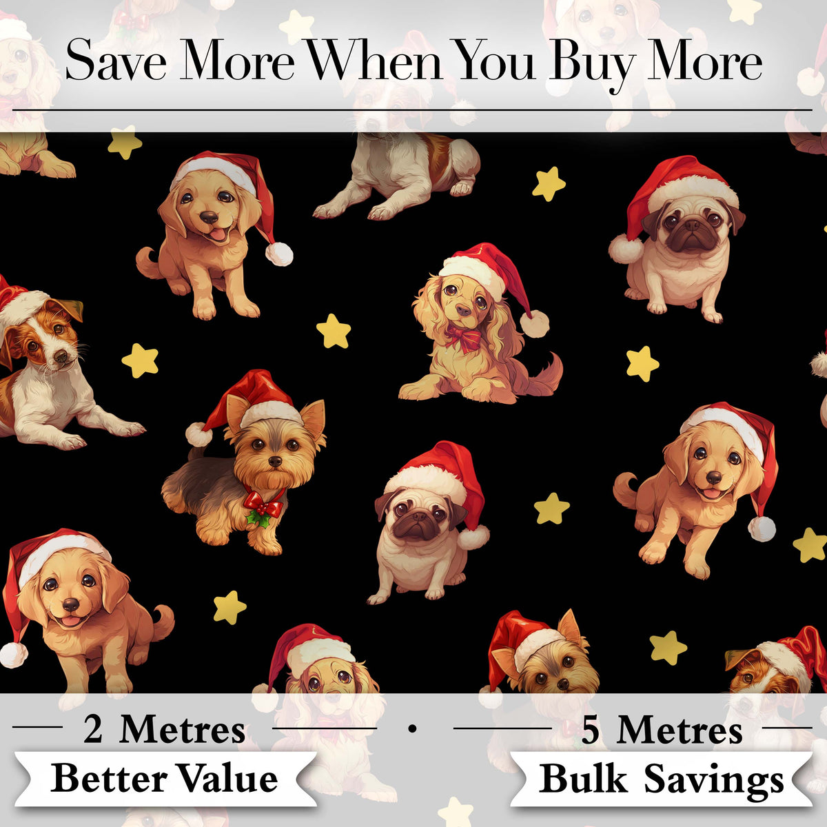 Cute Christmas Dogs Santa Hat Black Background Seamless Pattern Digital Print Fabric by the Metre UK Sewing Quilting Textile