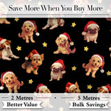 Cute Christmas Dogs Santa Hat Black Background Seamless Pattern Digital Print Fabric by the Metre UK Sewing Quilting Textile