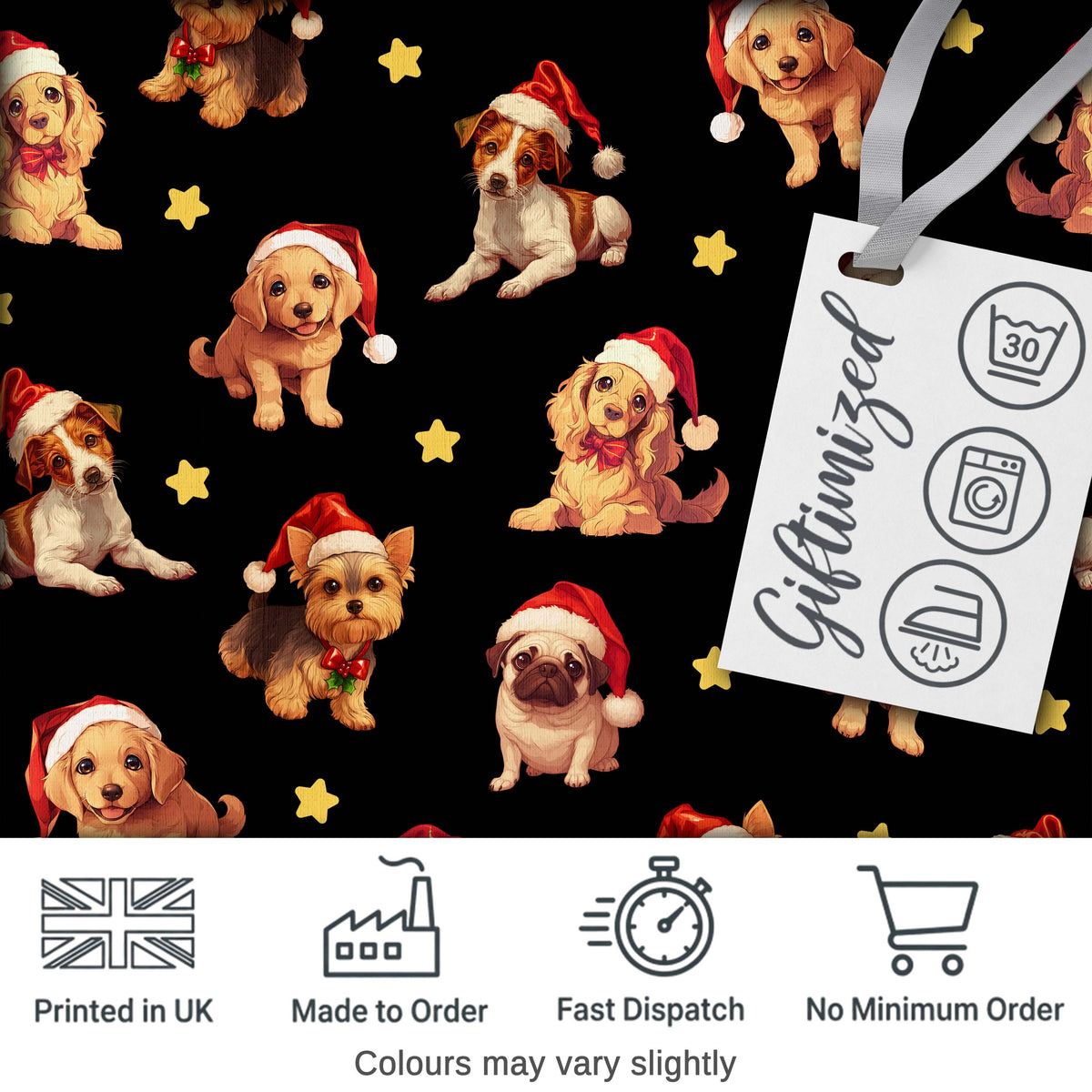 Cute Christmas Dogs Santa Hat Black Background Seamless Pattern Digital Print Fabric by the Metre UK Sewing Quilting Textile