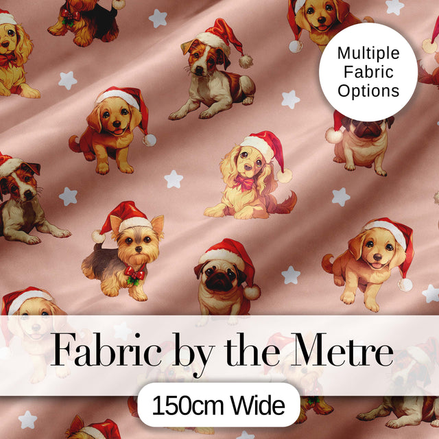 Cute Christmas Dogs Santa Hat Peach Background Seamless Pattern Digital Print Fabric by the Metre UK Sewing Quilting Textile