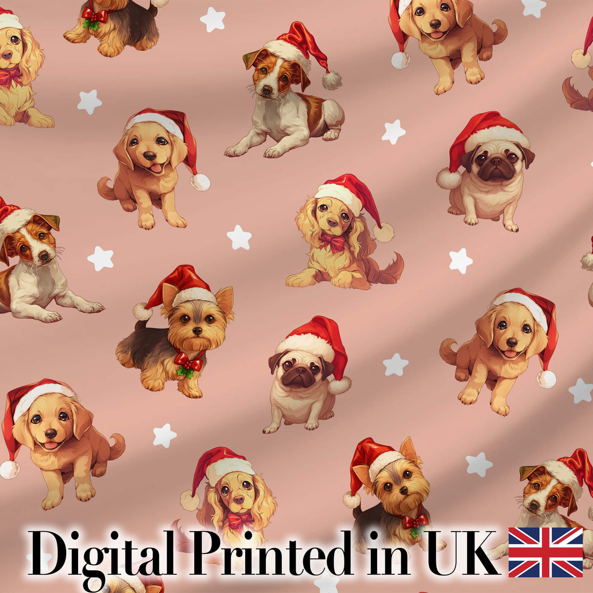 Cute Christmas Dogs Santa Hat Peach Background Seamless Pattern Digital Print Fabric by the Metre UK Sewing Quilting Textile