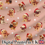 Cute Christmas Dogs Santa Hat Peach Background Seamless Pattern Digital Print Fabric by the Metre UK Sewing Quilting Textile