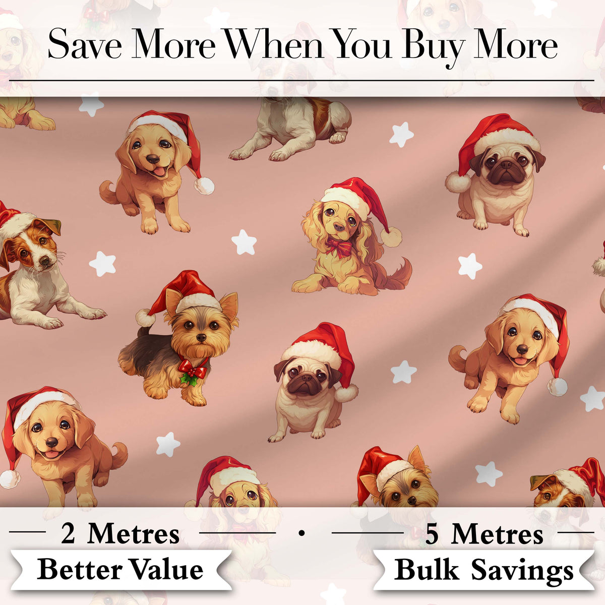Cute Christmas Dogs Santa Hat Peach Background Seamless Pattern Digital Print Fabric by the Metre UK Sewing Quilting Textile