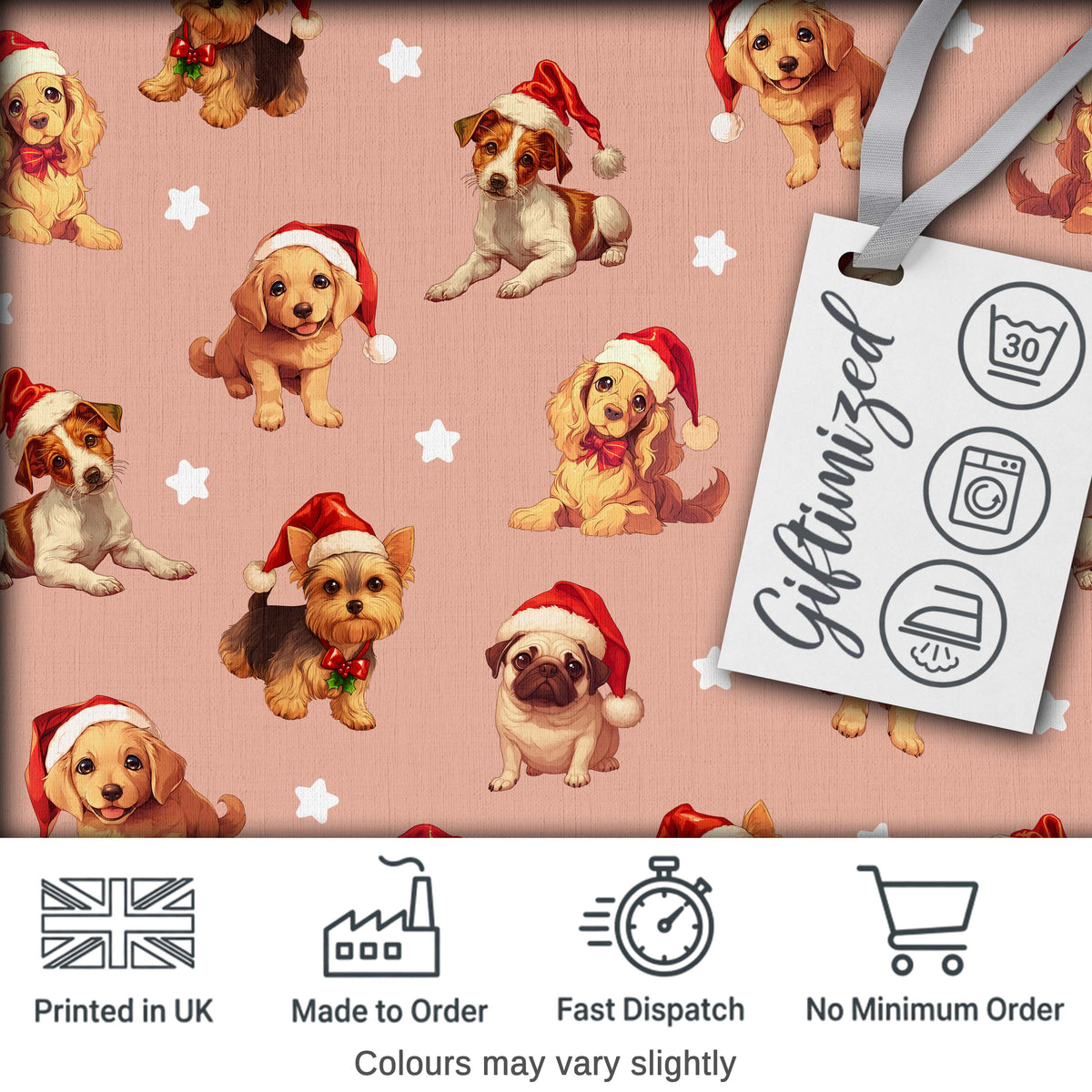 Cute Christmas Dogs Santa Hat Peach Background Seamless Pattern Digital Print Fabric by the Metre UK Sewing Quilting Textile
