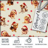 Cute Christmas Dogs Santa Hat Cream Star Background Seamless Pattern Digital Print Fabric by the Metre UK Sewing Quilting Textile