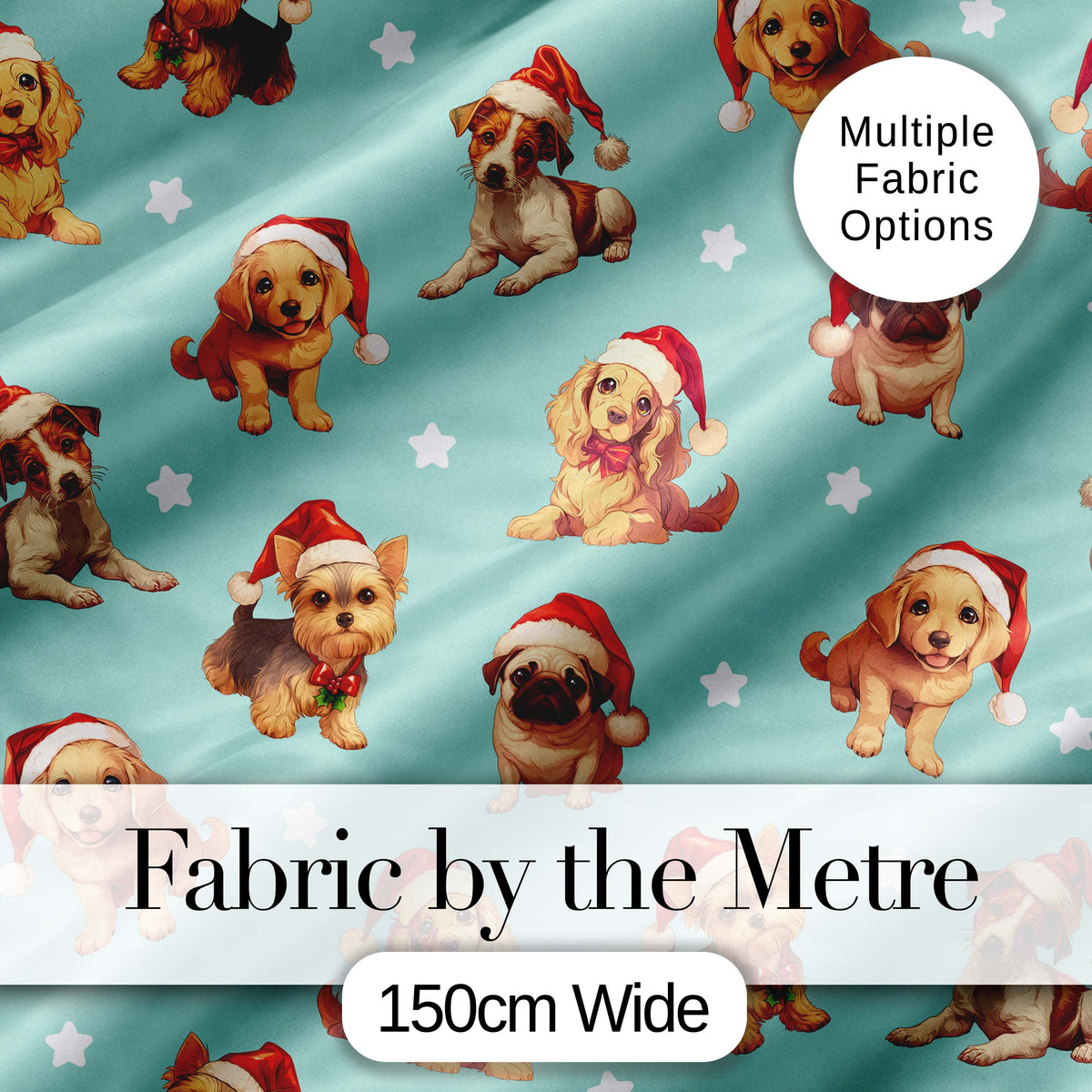 Cute Christmas Dogs Santa Hat Teal Star Background Seamless Pattern Digital Print Fabric by the Metre UK Sewing Quilting Textile