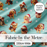 Cute Christmas Dogs Santa Hat Teal Star Background Seamless Pattern Digital Print Fabric by the Metre UK Sewing Quilting Textile