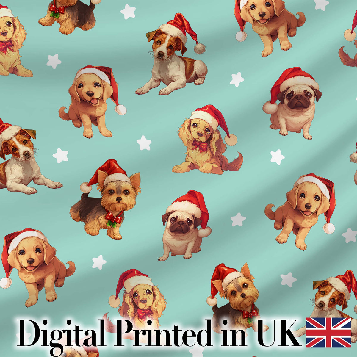 Cute Christmas Dogs Santa Hat Teal Star Background Seamless Pattern Digital Print Fabric by the Metre UK Sewing Quilting Textile