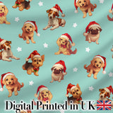 Cute Christmas Dogs Santa Hat Teal Star Background Seamless Pattern Digital Print Fabric by the Metre UK Sewing Quilting Textile