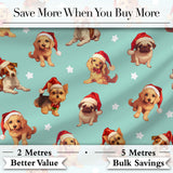 Cute Christmas Dogs Santa Hat Teal Star Background Seamless Pattern Digital Print Fabric by the Metre UK Sewing Quilting Textile
