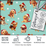 Cute Christmas Dogs Santa Hat Teal Star Background Seamless Pattern Digital Print Fabric by the Metre UK Sewing Quilting Textile