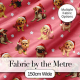 Cute Christmas Dogs Santa Hat Coral Pink Background Seamless Pattern Digital Print Fabric by the Metre UK Sewing Quilting Textile