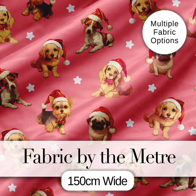 Cute Christmas Dogs Santa Hat Coral Pink Background Seamless Pattern Digital Print Fabric by the Metre UK Sewing Quilting Textile