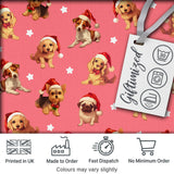 Cute Christmas Dogs Santa Hat Coral Pink Background Seamless Pattern Digital Print Fabric by the Metre UK Sewing Quilting Textile