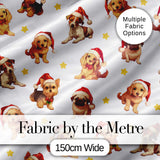Cute Christmas Dogs Santa Hat Grey Star Background Seamless Pattern Digital Print Fabric by the Metre UK Sewing Quilting Textile