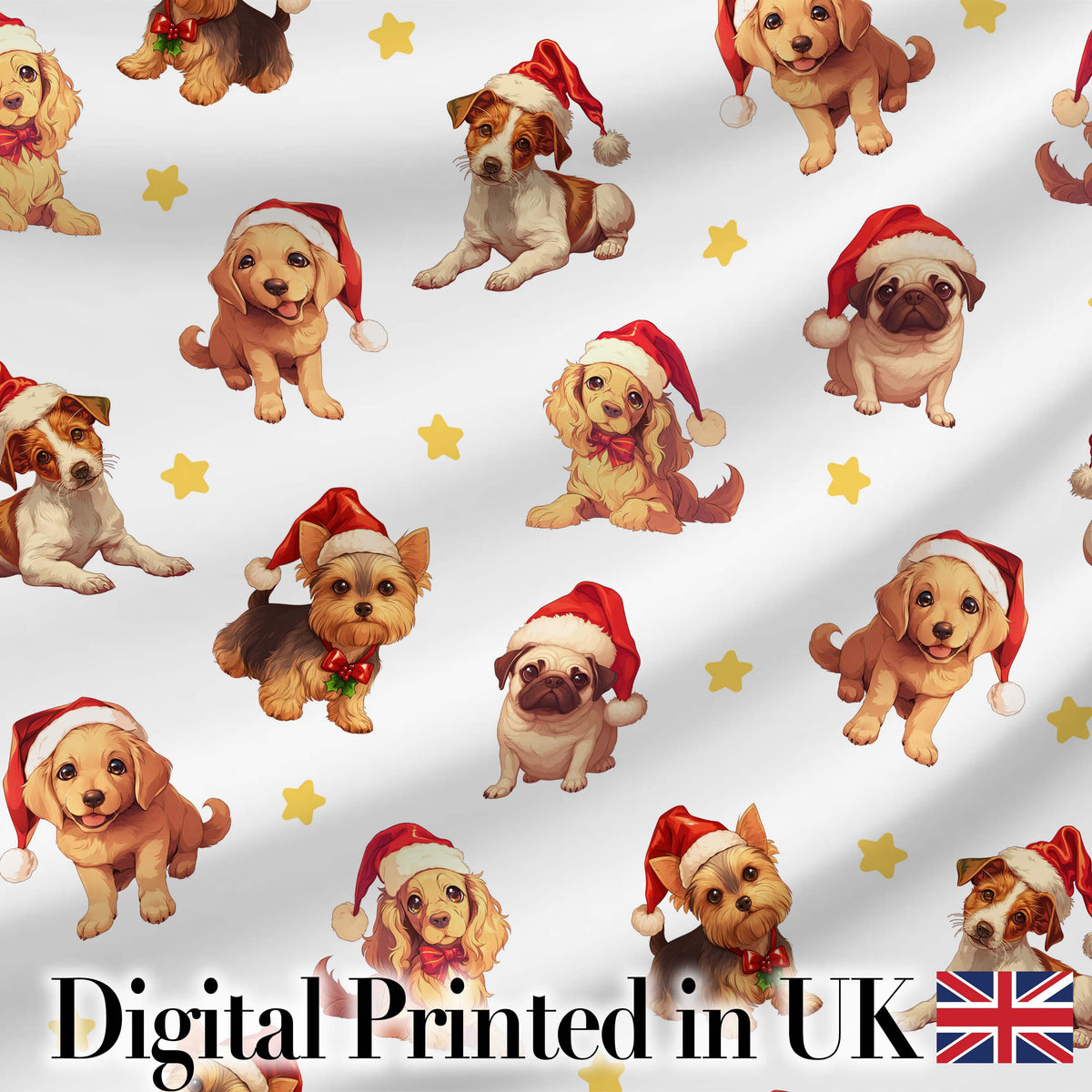 Cute Christmas Dogs Santa Hat Grey Star Background Seamless Pattern Digital Print Fabric by the Metre UK Sewing Quilting Textile