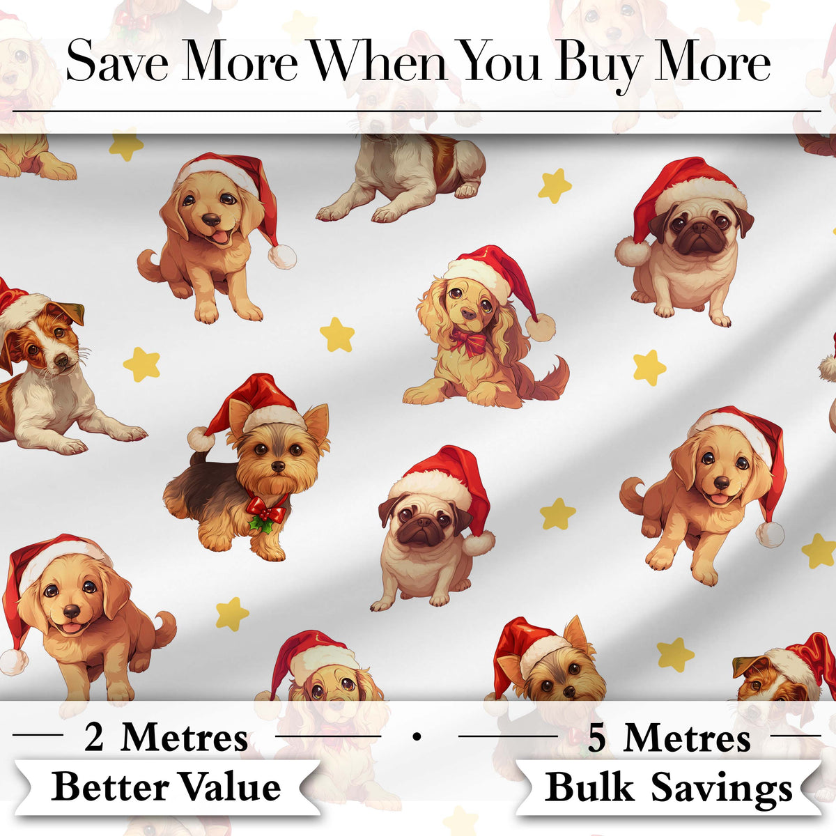 Cute Christmas Dogs Santa Hat Grey Star Background Seamless Pattern Digital Print Fabric by the Metre UK Sewing Quilting Textile