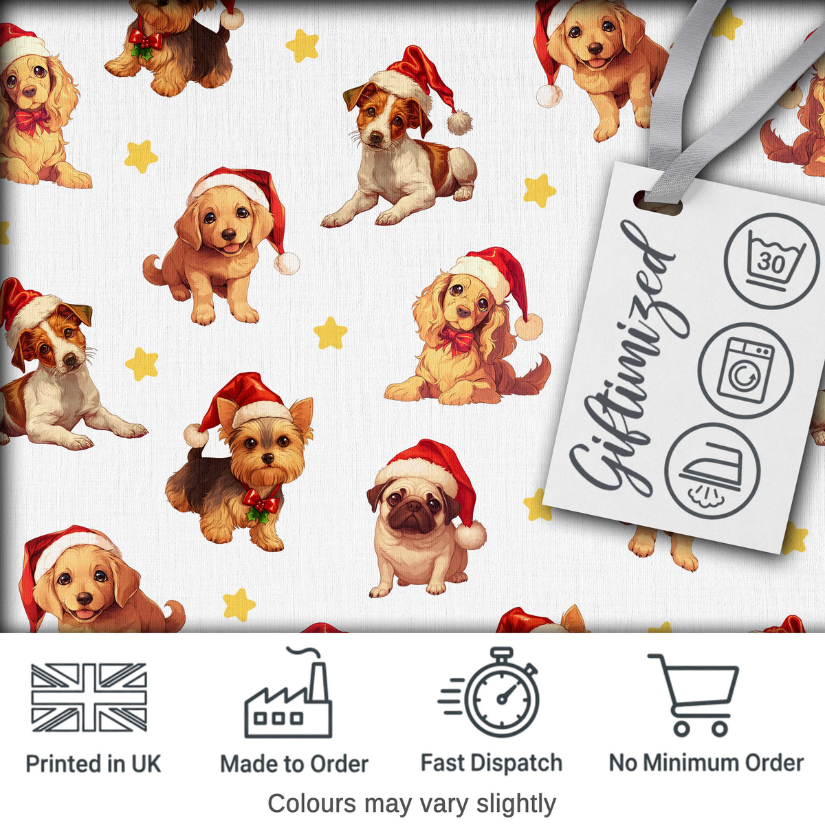Cute Christmas Dogs Santa Hat Grey Star Background Seamless Pattern Digital Print Fabric by the Metre UK Sewing Quilting Textile