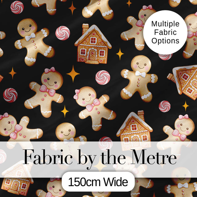 Cute Gingerbread Cookies Candy House Black Seamless Pattern Digital Print Fabric by the Metre UK Sewing Quilting Textile