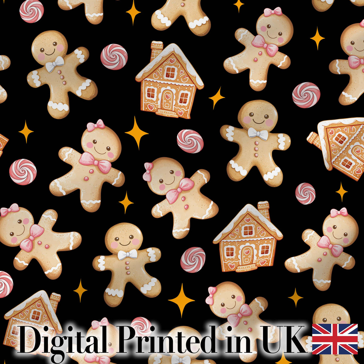 Cute Gingerbread Cookies Candy House Black Seamless Pattern Digital Print Fabric by the Metre UK Sewing Quilting Textile